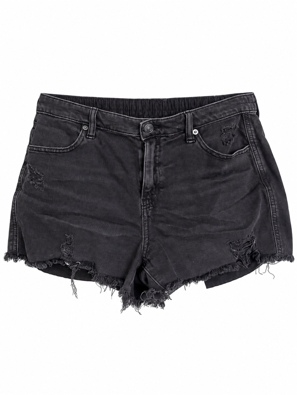 Aerie Black Distressed Denim Cutoff Shorts Elastic Waist Raw Hem